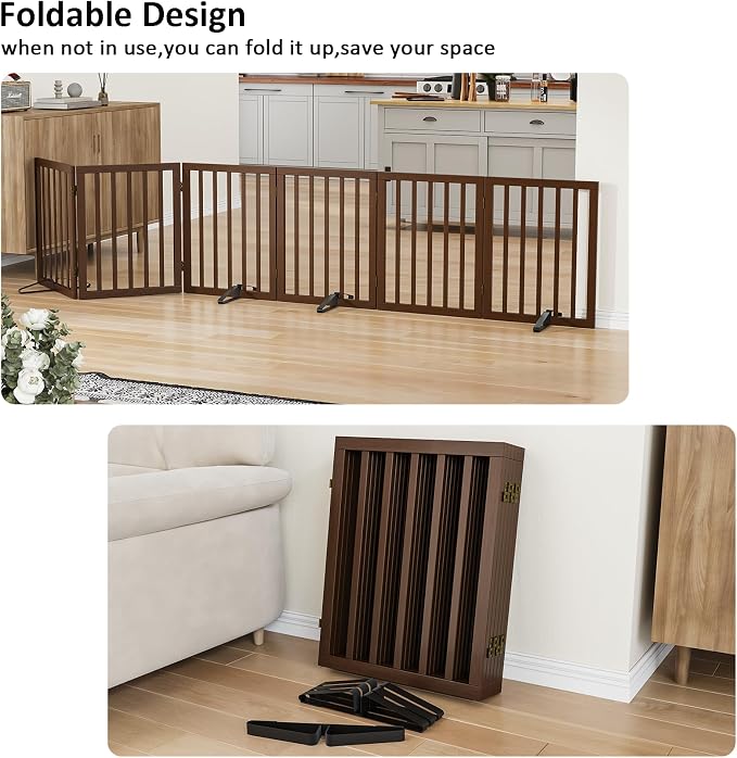 Wooden Dog Gate Freestanding Foldable 6 Panel Pet Gates Extra Wide Dog Gates for Indoor Doorways Stairs 24in Height Support Feet Included