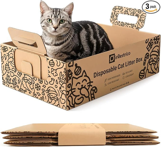 3-Pack Disposable Cat Litter Box, Waterproof & Leak-Resistant Cardboard, Foldable for Travel and Temporary Use, Eco-Friendly with Cute Cartoon Design, Gift for Cat Lovers