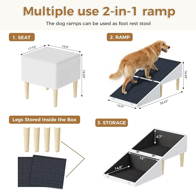 3-in-1 Dog Ramp Pet Stairs 18.9"x17.72"x19.29" with Hidden Storage Ottoman, Anti-Slip Steps for Small, Medium, Large, Senior & Injured Pets, 220LBS for Bed & Sofa, Beige