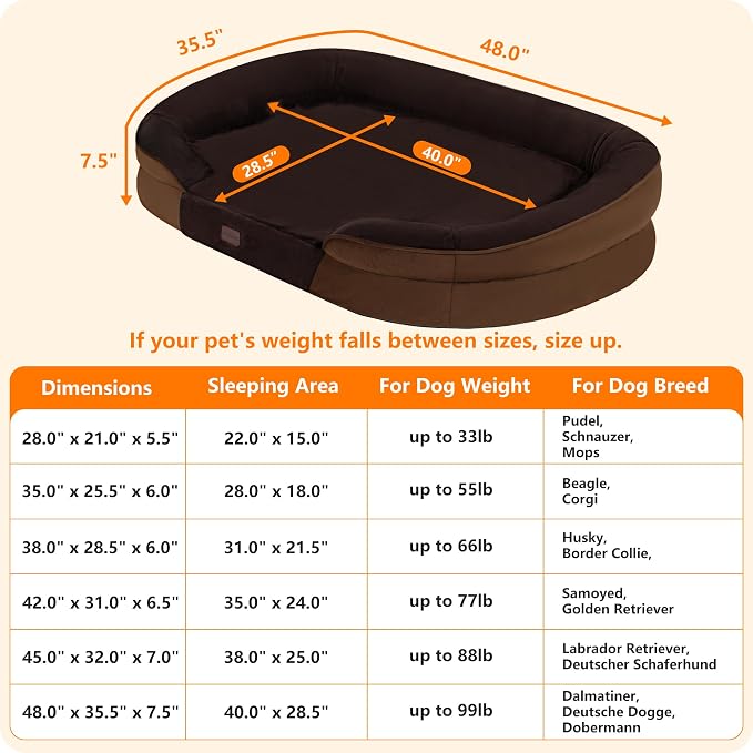 Dwanton Orthopedic Dog Bed for Extra Extra Large Dogs with Gel Memory Foam, Waterproof Dog Sofa, Washable Pet Bed with Four Sided Bolster Cushion, Removable Cover & Non-Slip Bottom, 48", Brown