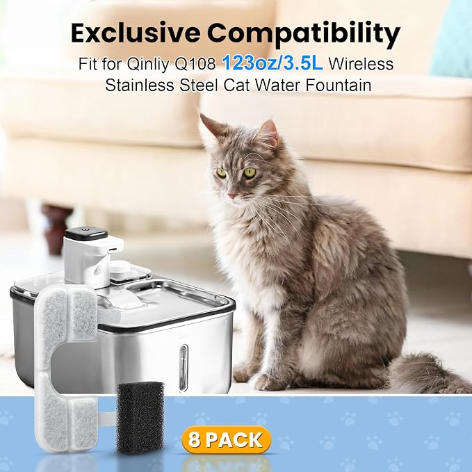 8 Pack Replacement Filters & 8 Pump Filter Sponges for Qinliy Q108 123oz/3.5L Stainless Steel Cat Water Fountain Filter Replacement