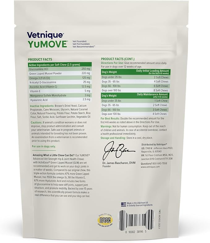 YuMOVE Advanced Vet Strength Hip & Joint Supplement for Dogs - ActivEase Green Lipped Mussel, Glucosamine, Hyaluronic Acid & Omega 3 for Serious Mobility Support (45ct Chews, Advanced Strength)