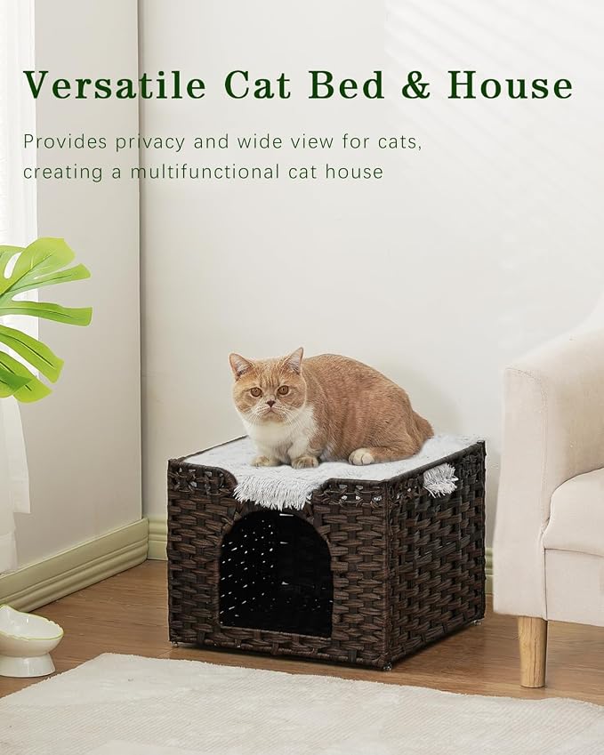 SETVSON Cat Beds Indoor Kitten House, Handwoven Rattan Cat Cave Pet Cube, Large Cat Houses, One Bed Mat, Foldable, Hideaway, 16.5x16.5x13.2 Inches, 2 S-Shaped Hooks in Living Room Bedroom Brown