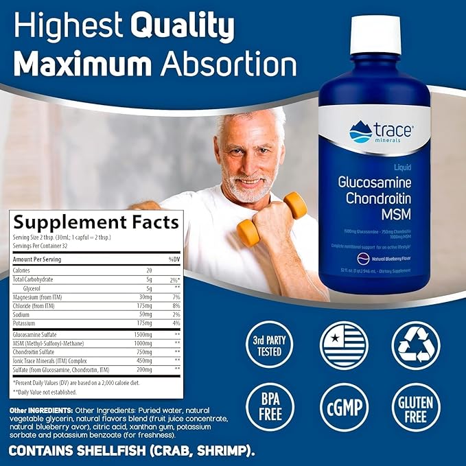 Trace Minerals | Liquid Glucosamine Chondroitin MSM | Complete Dietary Supplement for Active Lifestyle | Supports Joints, Cartilage and Mobility | Natural Blueberry Flavor | 32 Servings, 32 fl oz