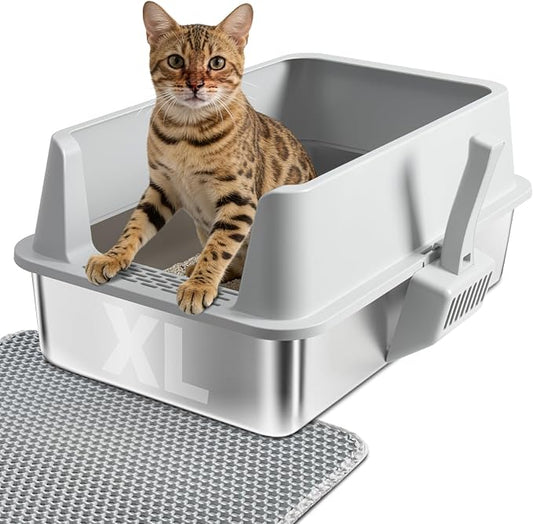 Stainless Steel Litter Box,XL Metal Cat Litter Box with High Sides Lid, Extra Large Litter Boxes for Big Cats,Odor-Resistant, Scratch-Proof, Easy to Clean, Non-Stick,Scoop Included