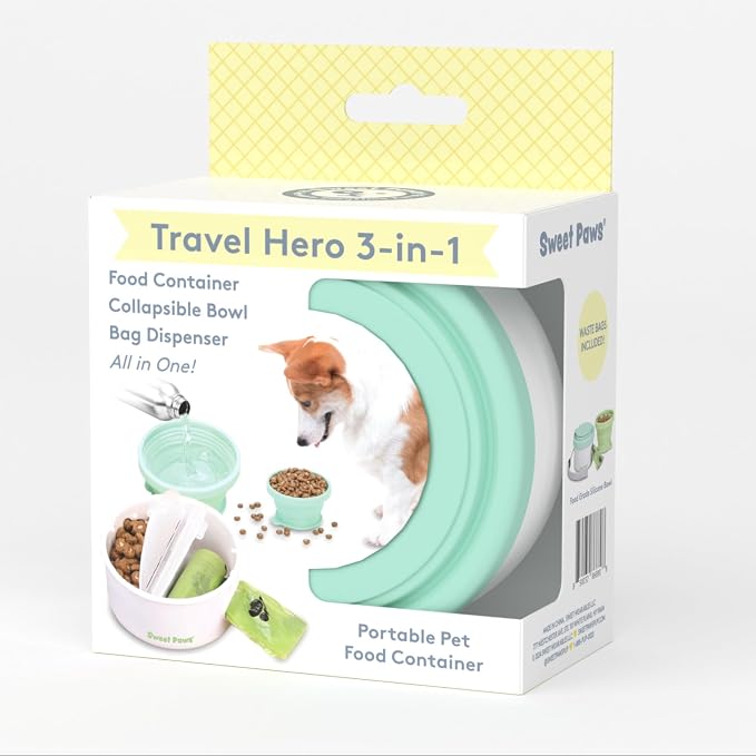 Travel Hero 3-in-1 Portable Pet Food Container for Puppies and Small Breeds, Comes with a Silicone Water Bowl and Poop Bag Dispenser in One, Sea Glass