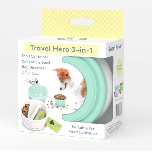 Travel Hero 3-in-1 Portable Pet Food Container for Puppies and Small Breeds, Comes with a Silicone Water Bowl and Poop Bag Dispenser in One, Sea Glass