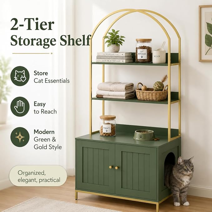 Homhedy Cat Litter Box Enclosure, Litter Box Furniture Hidden with 2-Tier Storage Shelves, Wooden Cat Washroom Furniture with Metal Frame, Modern Style, Green and Gold