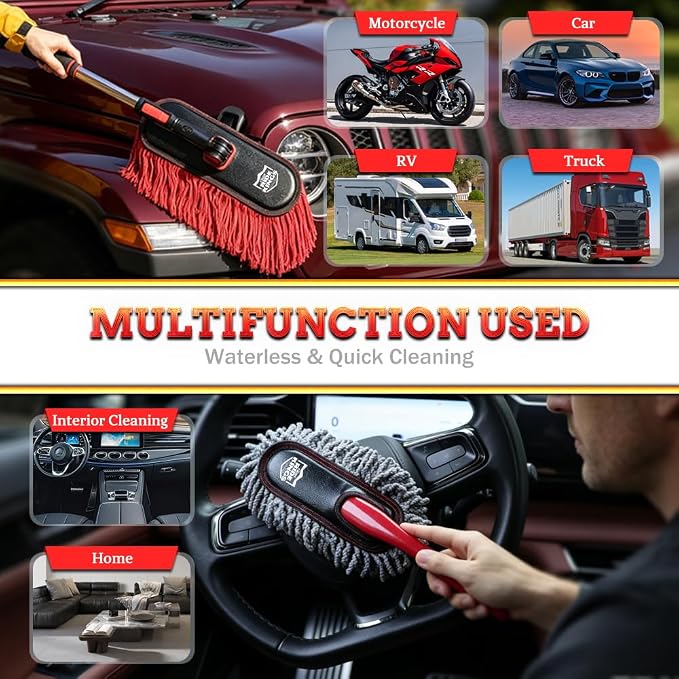 Car Duster Exterior Scratch Free & Interior Detailing Brush Set, Waxed Cotton Waterless Dust Remover, 360° Swivel Telescoping Handle, Multi-Purpose Cleaning Tool for Cars, RVs & Home