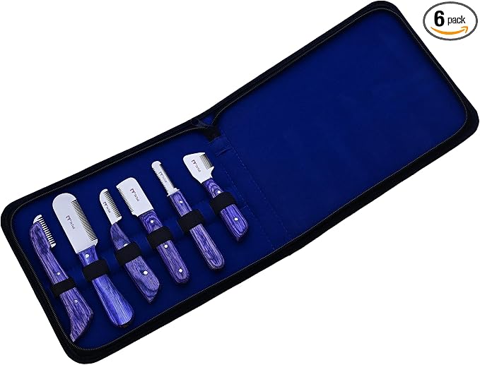 Professional Dog Stripping Knife Set (6 Pc) — Stainless Steel Hand Stripping Tools with Wooden Grip, Grooming Carding Knives for Removing Undercoat, Deshedding Wire-Coated Dogs (Blue)