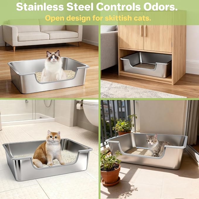 2-Pack Low Entry Litter Box for Senior Disabled & Injured Cats, Stainless Steel High Sided Enclosed Easy Step in Entry-Large Metal Kitty Litter Box for Kittens, Odor Control (23.6"x15.7"x5.9")