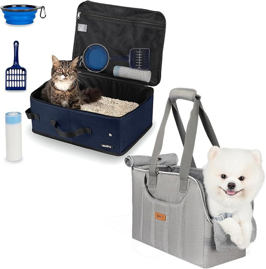 Portable Cat Travel Litter Box with Lid and 10 Pcs Disposable Liner Bags,Dog Purse Carrier for Small Dogs Cats Rabbits Up to 13lbs