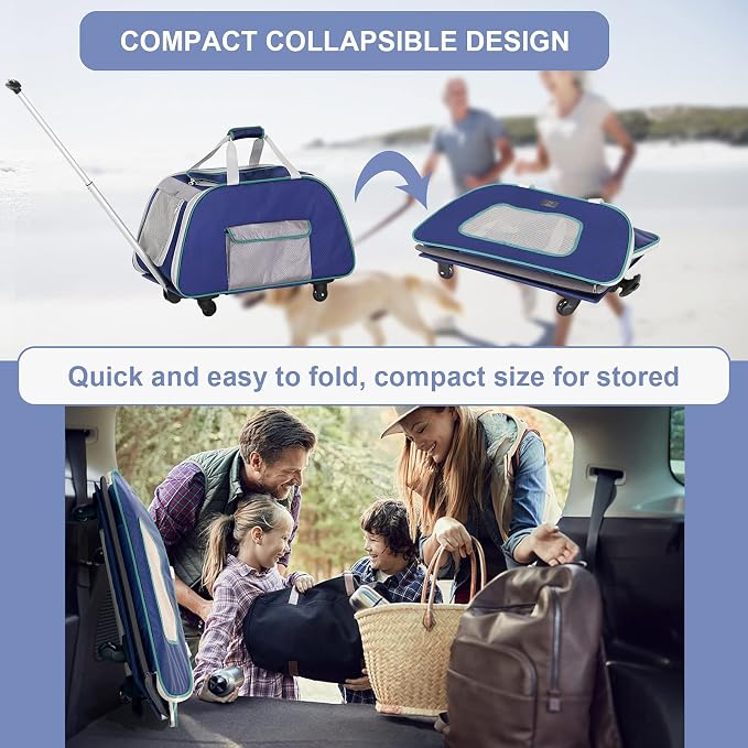 A 4 Pet Dog Carrier with Wheels,Foldable Rolling Pet Carrier Up to 33 LBS with Removable Base, Extendable Handle & 4-Wheels Design, Mesh Ventilation Windows and Safety Rope,Navy Blue