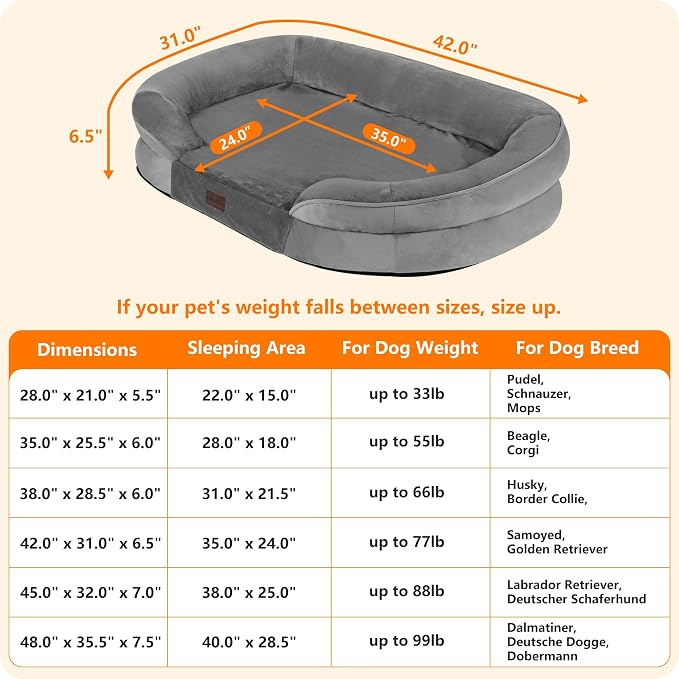 Dwanton Orthopedic Dog Bed for Large Dogs with Gel Memory Foam, Waterproof Dog Sofa, Washable Pet Bed with Four Sided Bolster Cushion, Removable Cover & Non-Slip Bottom, 42", Medium Grey