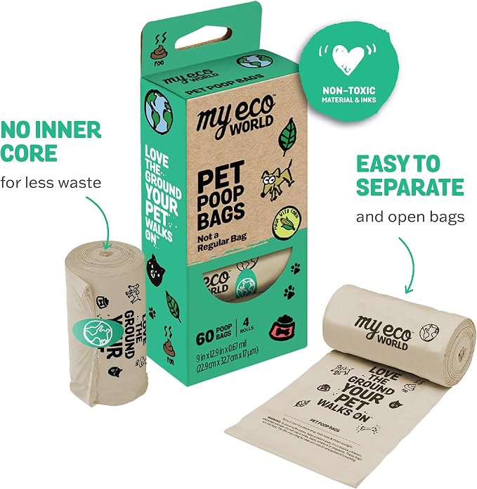 MyEcoWorld® Compostable Pet Poop Bags - Made with Corn and Other Certified Compostable Materials - 60 Bags - 4 Roll - Extra Strong - Leak Proof - Unscented - Easy to Open