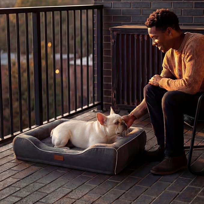 Memory Foam Dog Beds Medium Sized Dog with Removable Bolsters & Washable Cover,Orthopedic Pet Beds Eggshell Foam Infused with Cooling Gel Waterproof Relieves Joint Pain,28"x23"x6.5"Dark Grey