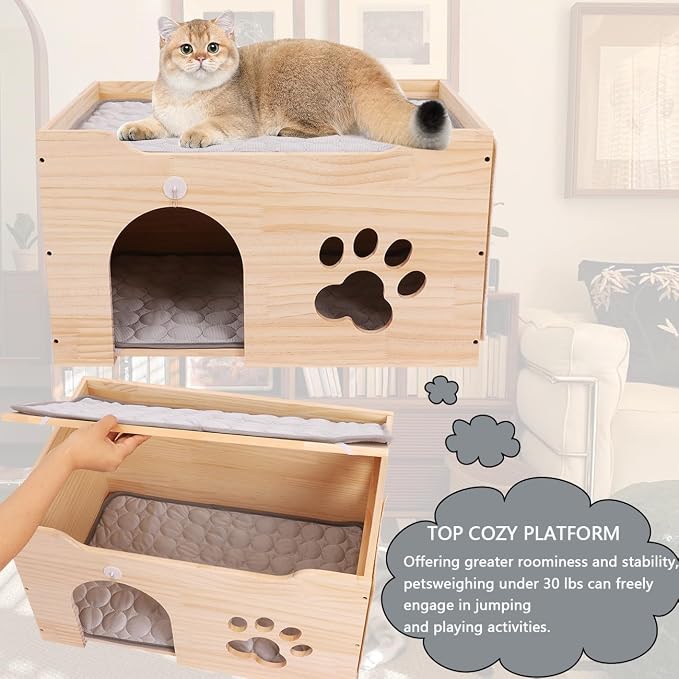Large Wooden Cat House for Indoor Cats- Cat Scratcher House, Sturdy Cat Playhouse Cat Bed Cave,Cat Scratchers with Sisal Scratching Board, Wooden Cat Condos, Cat Cubes, Cat Hideaway