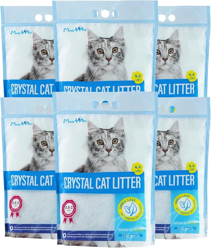 Made4Pets Cat Litter Crystals, Non Clumping Cat Litter Odor Control Kitty Litter Non Clumping No scooping Low Dust, Low Tracking, Lightweight, Dehydrates Waste,– 25.8 lbs (6 x 4.3 lb Packs)