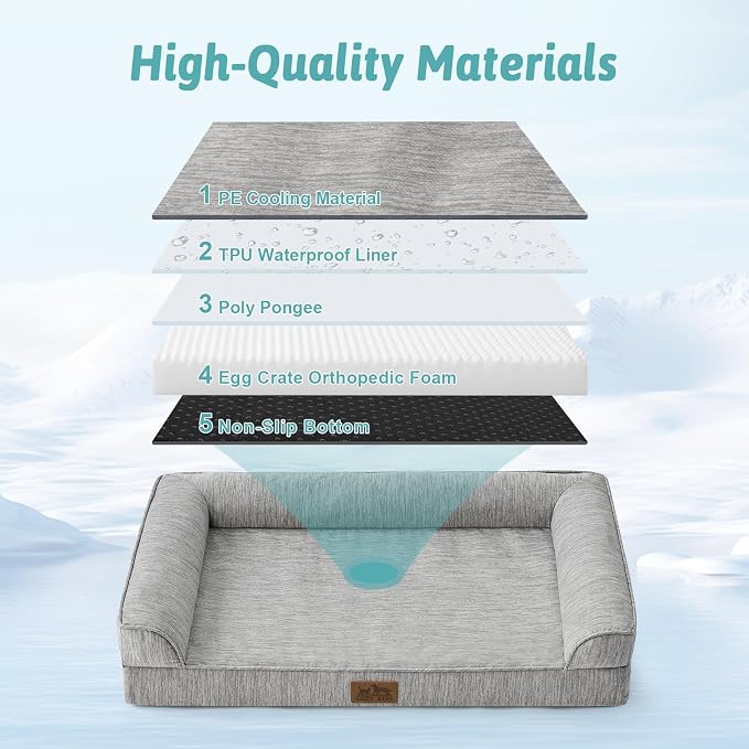 COZY KISS Cooling Dog Bed for Medium Dogs, 36"x27" Orthopedic Foam Sofa with Bolster Sides, Q-Max >0.4 Cooling Technology, Cool Pet Bed with Removable Washable Cover, Grey