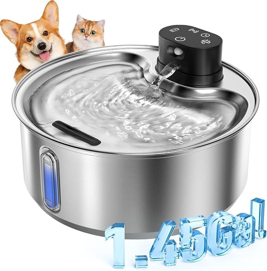 Stainless Steel Cat Water Fountain, 186fl.oz/1.45Gal Wireless Dog Water Fountain Battery Operated, Pet Water Dispenser Cordless for Cats & Dogs Indoor