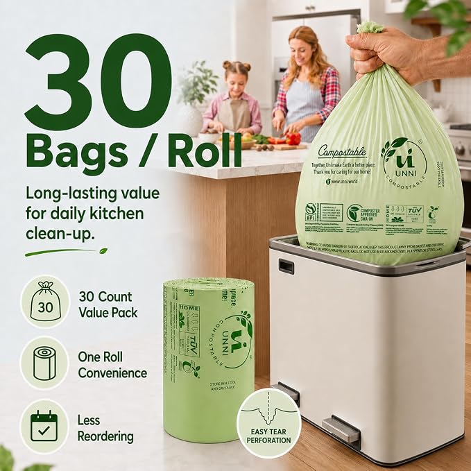 UNNI Compostable Trash Bags, 20-23 Gallon / 87 Liter, 60 Count Value Pack, Extra Thick 1.0 mil Large Bin Liners for Food Scrap, BPI, CMA & OK compost HOME Certified (Meets ASTM D6400)