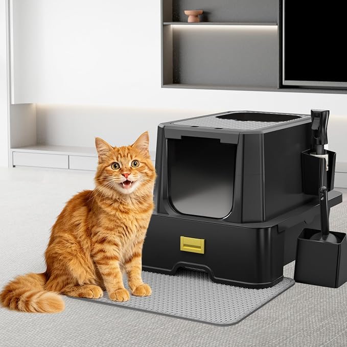 RIZZARI Stainless Steel Cat Litter Box with Lid – Enclosed Metal Litter Box Furniture Style, High Sided Leakproof with Pull-Out Drawer, Odor Control Spray & Top Entry Design for Large Cats
