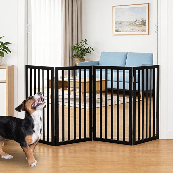Dog Gate Indoor, Freestanding Dog Fence for The House, Doorways, Hallways,or Stairs,Pet Gate Foldable Wooden,Expandable 32" Height 4 Panels,Black
