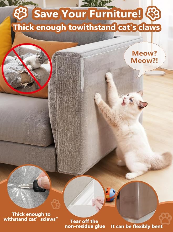 Extra Thick Clear Anti Cat Scratch Furniture Protector 17" x 197"：ZQVCNF Self-Adhesive Couch & Door Tape from Cat Claws - Covers Walls, Bed Corners | Stops Cat & Dog Scratching Damage