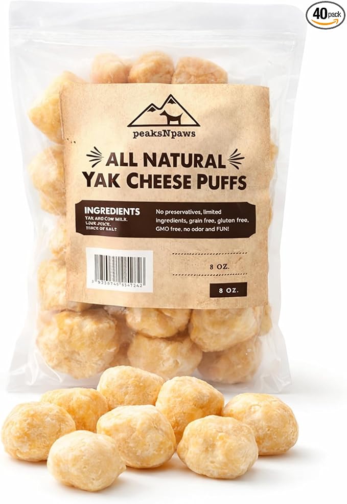 peaksNpaws Yak Cheese Puffs for Dogs, Natural Himalayan Yak Chews, Crunchy & Digestible Dog Treats, High Protein Cheese Puffs for All Breeds (8 oz)