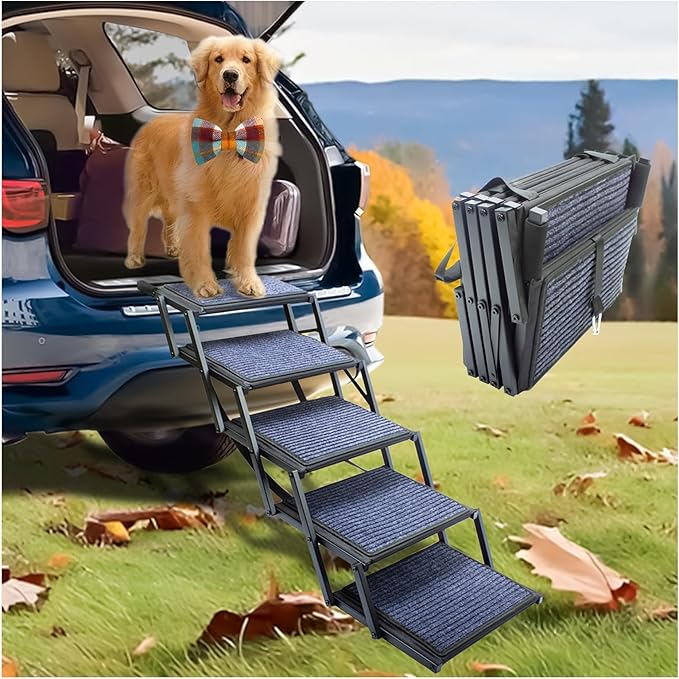 Dog Ramp for Car Truck and SUV Dog Stairs for Large Dogs Folding Pet Stairs with Non-Slip Rug Surface Supports Up to 250 lbs (5 Steps)