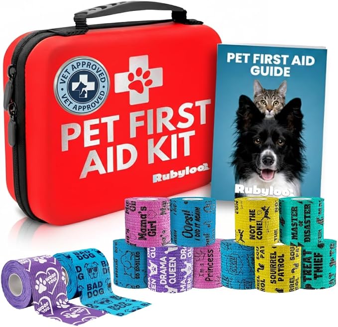 Rubyloo Vet Approved Essential Pet First Aid Kit Supplies to Treat Dogs & Cats in an Emergency with 12 Pack of 2 Funny Vet Wrap Bandages for Home, Camping, Car, RV