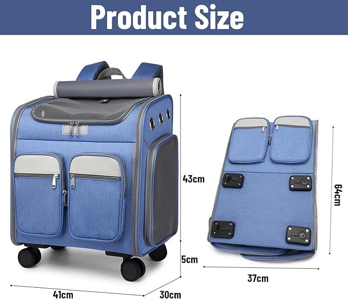 Pet Travel Carrier with Removable Rolling Wheels, Cat Rolling Carrier Backpack Pet Stroller Luggage Bag for Dogs Cats Puppy,Mesh Ventilation Windows, 2 Storage Pockets,Telescopic Handle