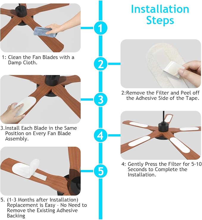 2026 Upgrade 15pcs Ceiling Fan Filters for Blades Easy-Stick Strong Fixity Activated Coconut Carbon Fan Filter for Ceiling Fan, Universal Fan Blade Air Fresh Purifier Cat Litter Box Filter, White