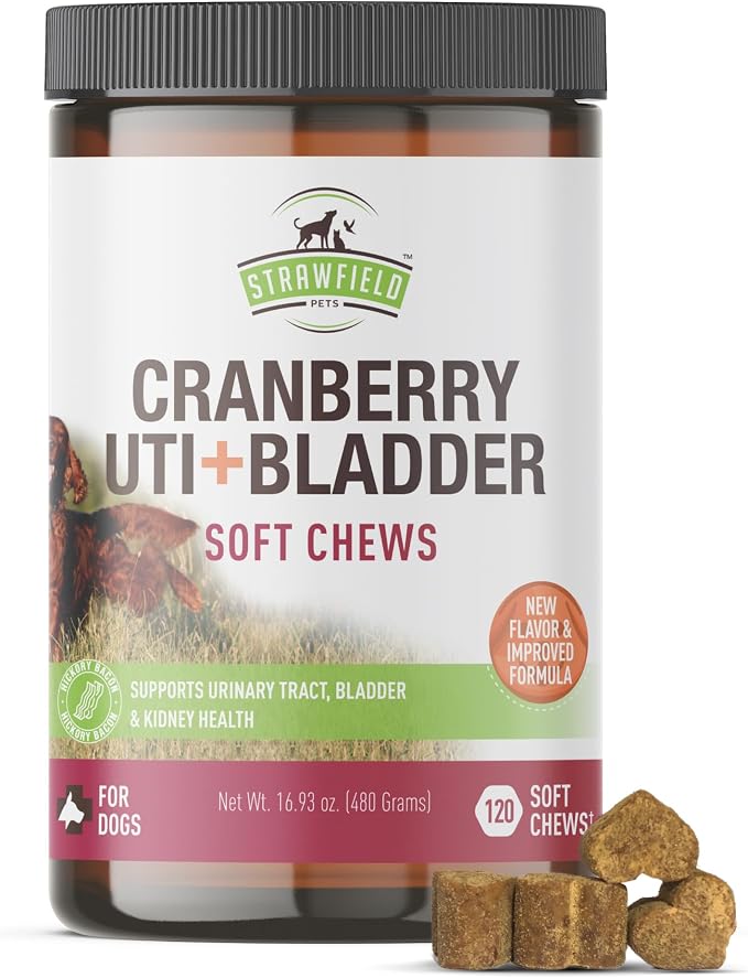 Strawfield Pets Cranberry Bladder & UTI Chews for Dogs D-Mannose + Vitamin C for Urinary Tract Support Bacon Flavored Soft Chews 120 softchews