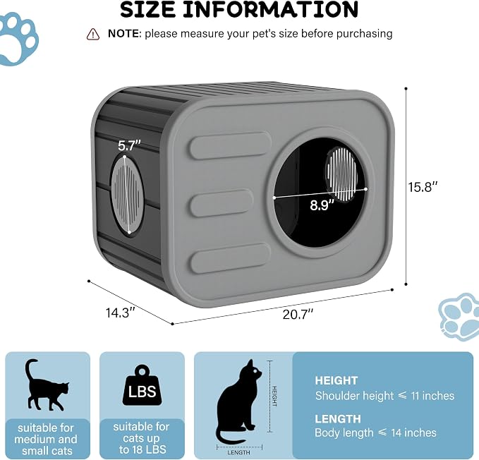 NUNU LAB Cat Litter Box Enclosure,Plastic Cat House Outdoor, Cats House for Indoor, Weatherproof Cat House, Camera Shaped Design, with Escape Door, for Small to Medium Cats (Grey)