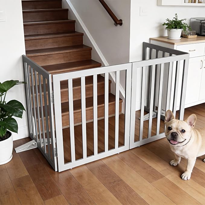 Dog Gate Indoor, Freestanding Dog Fence for The House, Doorways, Hallways,or Stairs,Pet Gate Foldable Wooden,Expandable 32" Height 4 Panels,Grey