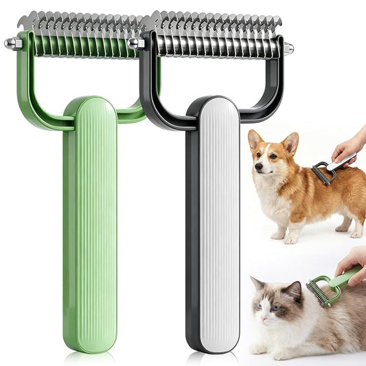 2PCS Double Sided Dematting Comb For Dogs And Cats, Undercoat Rake For Shedding, Detangling And Dematting Long, Matted Fur On Cats And Dogs (Green & Gray)