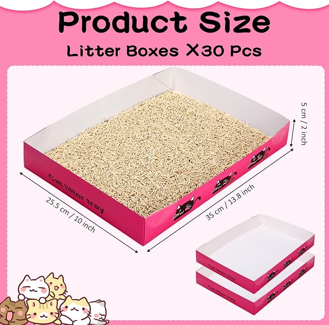 Amyhill 30 Pack Disposable Cat Litter Box 13.8x10x2in Foldable Paper Kitty Trays Bulk Portable Water Proof Cardboard Boxes for Cats Rabbits Guinea Pig Hamster Pets Travel Indoor Supplies(Rose Red)