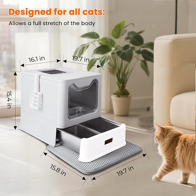 Stainless Steel Cat Litter Box with Lid, Top Entry Covered Box, Deeper Pan | Metal Litter Box with Lid & Pull-Out Drawer for Big Cats, Leak-Proof Baffles, with charcoal filters and Mat & Scoop