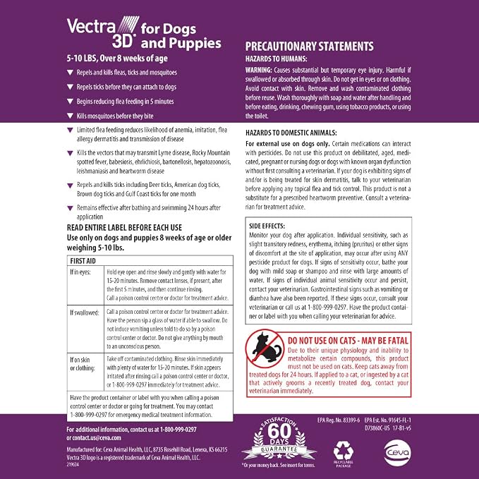 Vectra 3D Flea and Tick Prevention for Dogs, Kills and Repels Fleas, Ticks & Mosquitoes | Fast‑Acting, Waterproof, No Prescription Needed | Extra Small Dogs 5-10 lbs, 3‑Month Supply