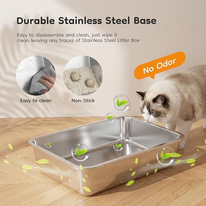 Extra Large Cat Litter Box with Lid, Stainless Steel Litter Box for Big Cats, Enclosed High Sided Kitty Pan with Scoop & Mat, Front & Top Entry with Door, Grey