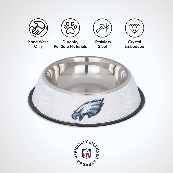 The Memory Company Officially Licensed Stainless Steel Pet Bowl, Premium Bling Team Logo Dog & Cat Food & Water Dish, Non-Slip Rubber Base, for Large/Small Breeds