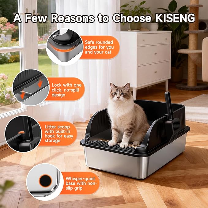 Stainless Steel Cat Litter Box with Lid, XL Extra Large High Sided Litter Box for Big Cats, Odor Free Open Top Litter Pan Easy Cleaning Anti-Urine Leakage Non-Stick, Includes Scoop