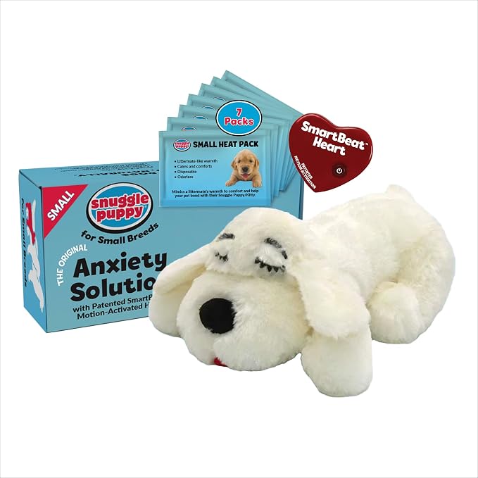 Snuggle Puppy Heartbeat Puppy Toy for Small Breeds, Compact Plush Dog Toy with Heartbeat, Designed for Crate Time, First Nights, and Rest - Cream with 7 Overnight Heat Packs