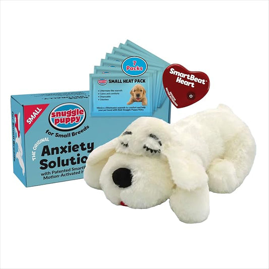 Snuggle Puppy Heartbeat Puppy Toy for Small Breeds, Compact Plush Dog Toy with Heartbeat, Designed for Crate Time, First Nights, and Rest - Cream with 7 Overnight Heat Packs