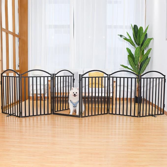 Malier Metal Freestanding Dog Gates with Door, 32'' Height Outdoor Indoor Dog Fences, Extra Wide Foldable Puppy Gate Free Standind Tall Pet Gate for Stairs, Hallways, Doorways, Yard (Black 6 Panels)