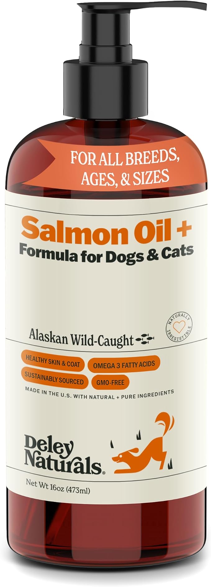 Deley Naturals Wild Alaskan Salmon Oil for Dogs & Cats - New and Improved Salmon Oil Plus Formula - Fish Oil for Dogs with Omega 3, DHA and EPA - Omega 3 for Healthy Skin and Coat - 16oz Made in USA