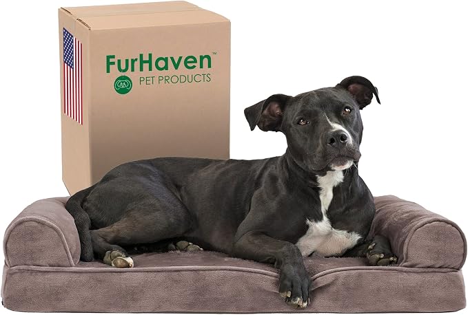 Furhaven Memory Foam Dog Bed for Medium/Small Dogs w/ Removable Bolsters & Washable Cover, For Dogs Up to 35 lbs - Faux Fur & Velvet Sofa - Driftwood Brown, Medium