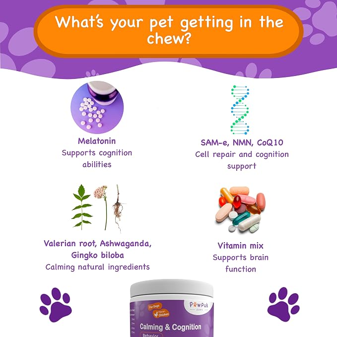 Calming & Cognition Supplement for Dogs, Melatonin SAM-E NMN & CoQ10 - Cognition Supp., Valerian Root Ashwagandha Gingo Biloba - Calming Natural Ingredients, Brain Function