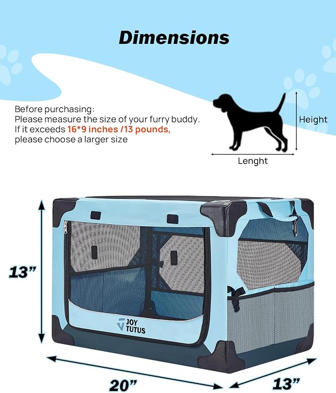 JOYTUTUS 20 Inch Collapsible Dog Crate, Steel Frame 8-Bar Foldable Soft Kennel, Portable Travel Crate for Puppy & Small Dog Up to 13lbs, Oxford Cat Carrier for Car Indoor Outdoor